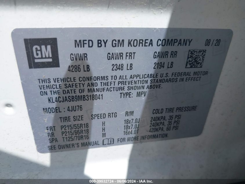 2021 Buick Encore Fwd Preferred VIN: KL4CJASB9MB318041 Lot: 39532724