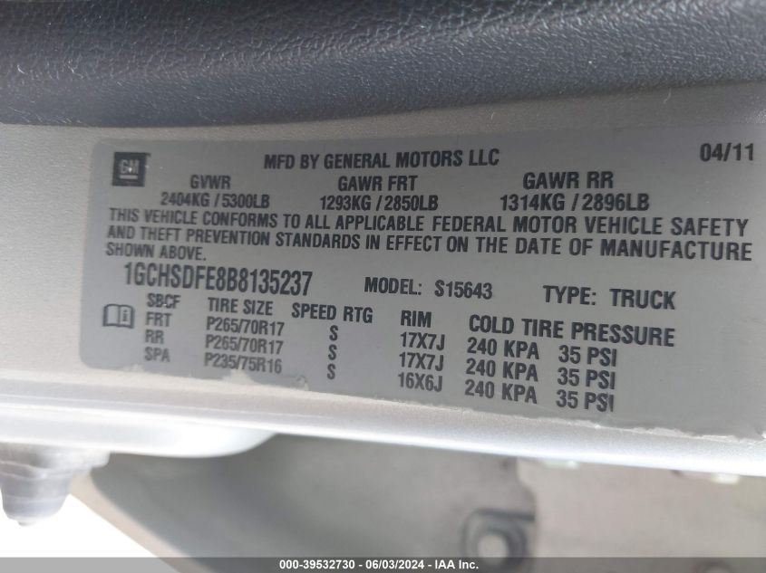 2011 Chevrolet Colorado 2Lt VIN: 1GCHSDFE8B8135237 Lot: 39532730