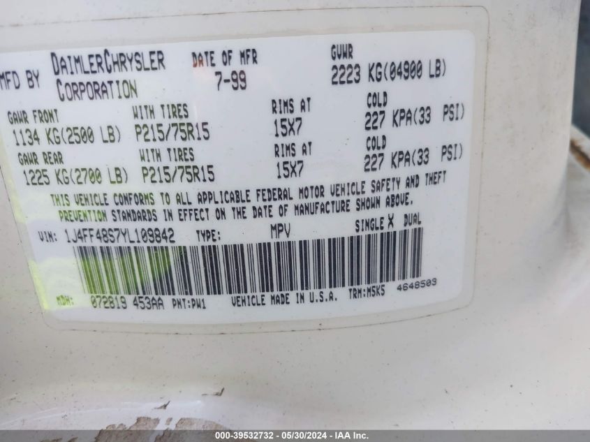 2000 Jeep Cherokee Sport VIN: 1J4FF48S7YL109842 Lot: 39532732