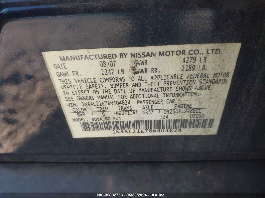 2008 Nissan Altima 2.5 S VIN: 1N4AL21E78N404824 Lot: 39532733