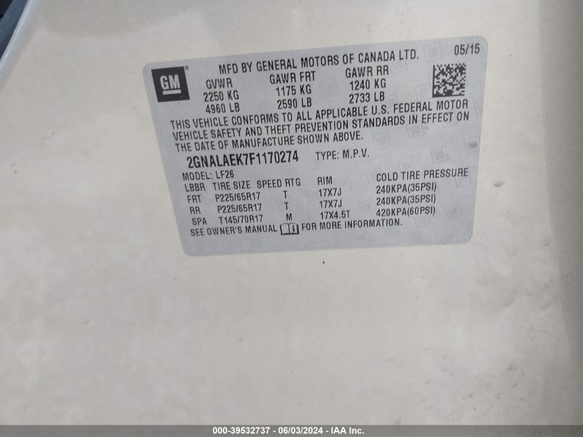 2015 Chevrolet Equinox Ls VIN: 2GNALAEK7F1170274 Lot: 39532737