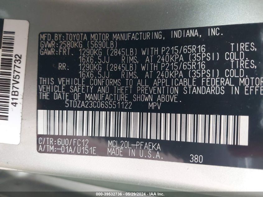 2006 Toyota Sienna Le VIN: 5TDZA23C06S551122 Lot: 39532736