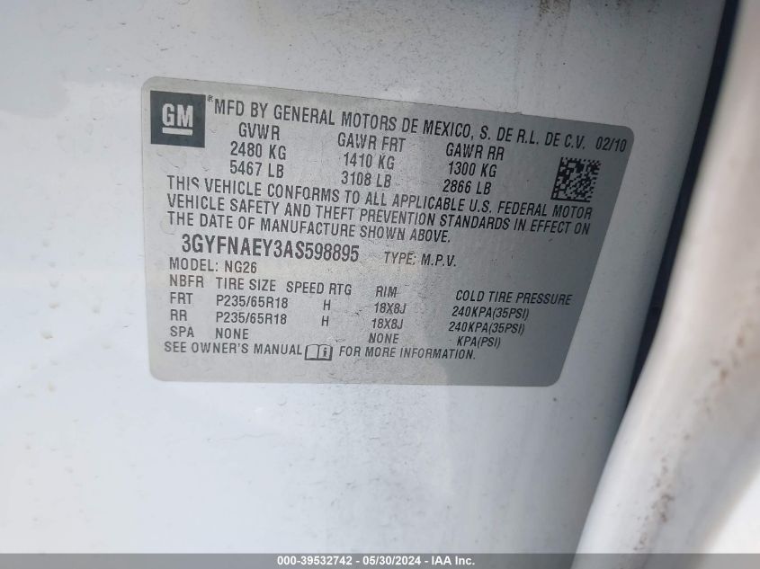 2010 Cadillac Srx Luxury Collection VIN: 3GYFNAEY3AS598895 Lot: 39532742