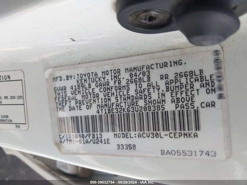 2003 Toyota Camry Le VIN: 4T1BE32K63U208385 Lot: 39532754