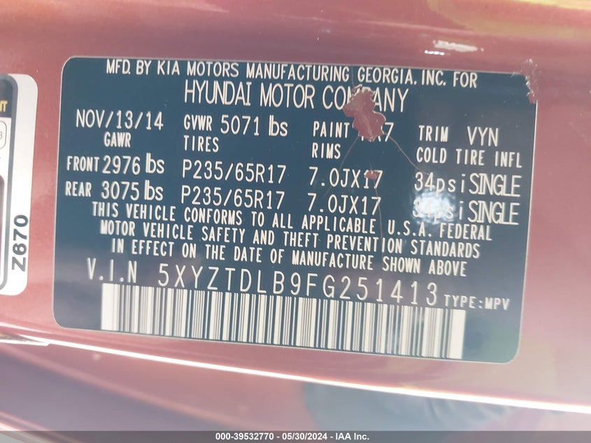 2015 Hyundai Santa Fe Sport 2.4L VIN: 5XYZTDLB9FG251413 Lot: 39532770