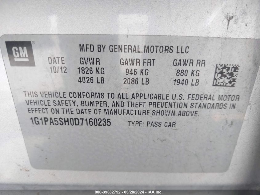 2013 Chevrolet Cruze Ls Auto VIN: 1G1PA5SH0D7160235 Lot: 39532792