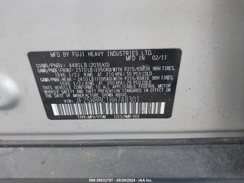 2011 Subaru Forester 2.5X VIN: JF2SHBBC1BH748301 Lot: 39532797