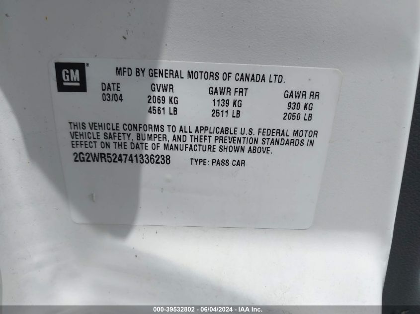 2004 Pontiac Grand Prix Gtp VIN: 2G2WR524741336238 Lot: 39532802