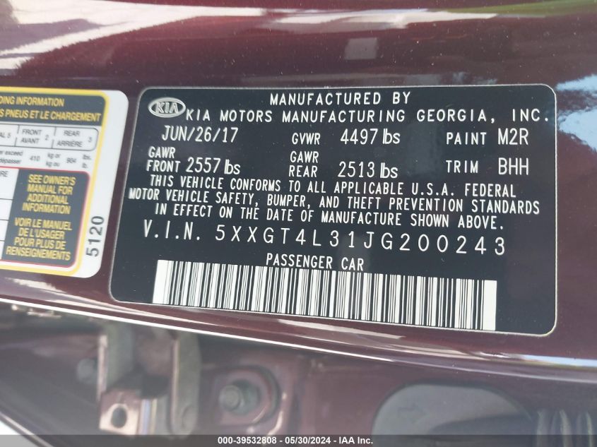 2018 Kia Optima Lx VIN: 5XXGT4L31JG200243 Lot: 39532808