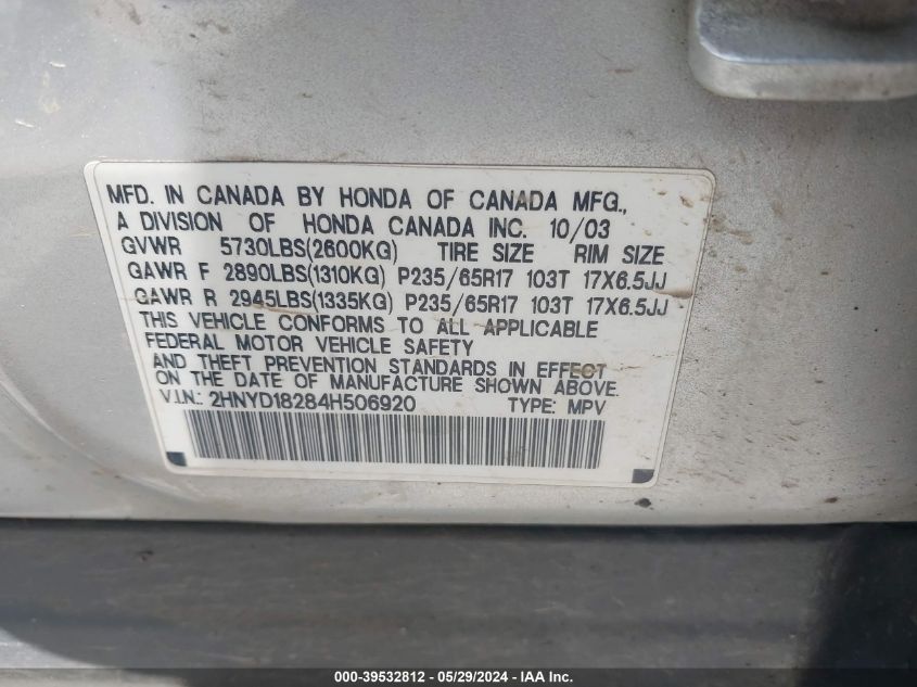 2004 Acura Mdx VIN: 2HNYD18284H506920 Lot: 39532812