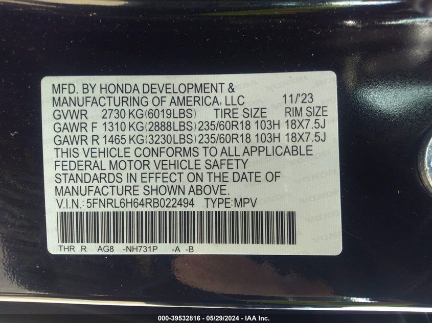 2024 Honda Odyssey Ex-L VIN: 5FNRL6H64RB022494 Lot: 39532816