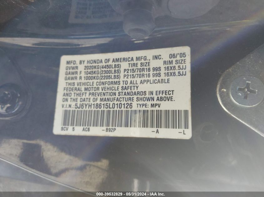 2005 Honda Element Ex VIN: 5J6YH18615L010126 Lot: 39532829