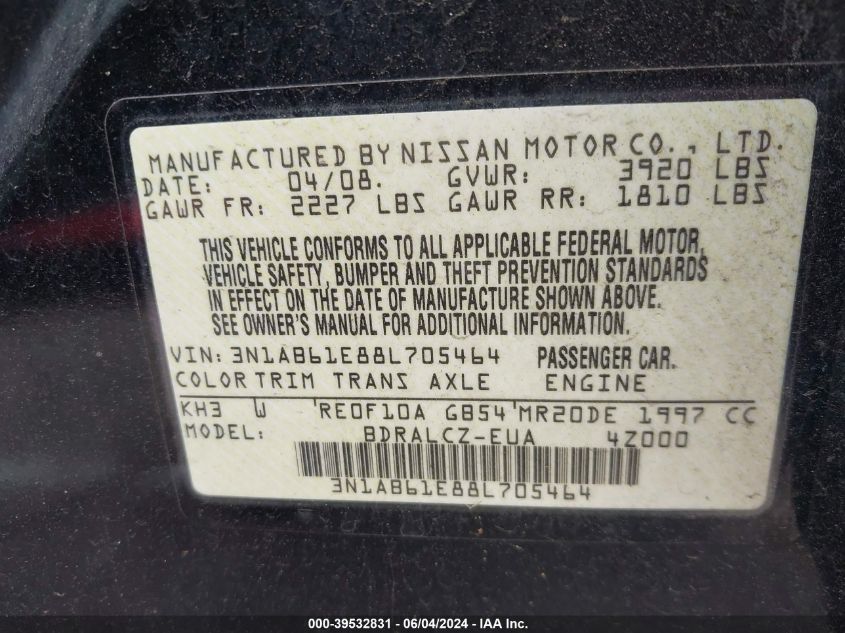 2008 Nissan Sentra 2.0 VIN: 3N1AB61E88L705464 Lot: 39532831