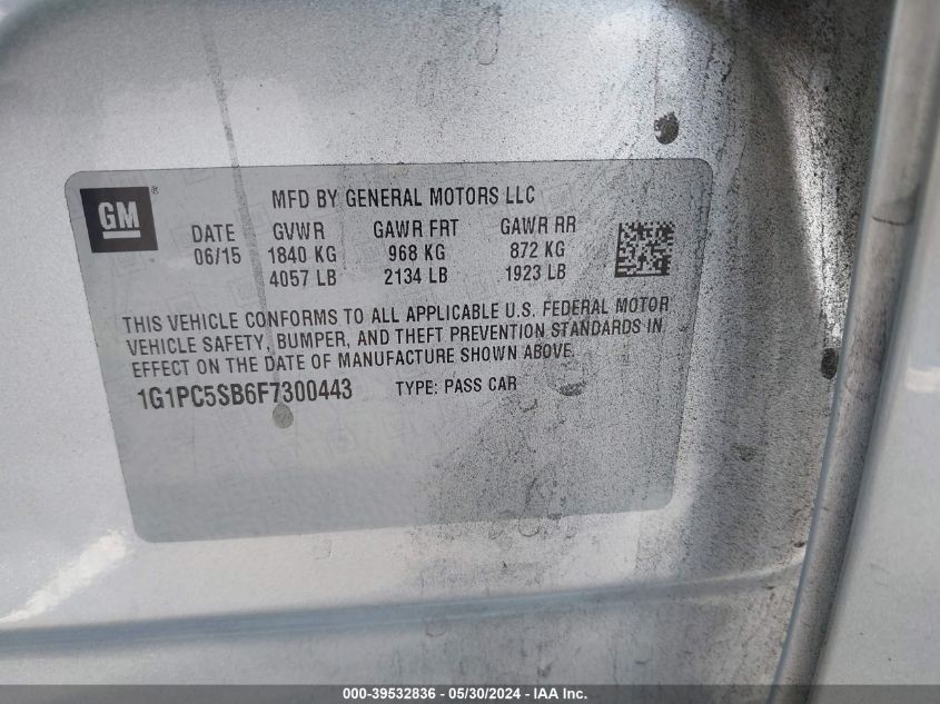 2015 Chevrolet Cruze 1Lt Auto VIN: 1G1PC5SB6F7300443 Lot: 39532836