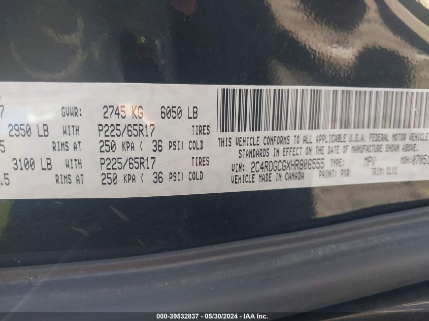 2017 Dodge Grand Caravan Sxt VIN: 2C4RDGCGXHR806555 Lot: 39532837