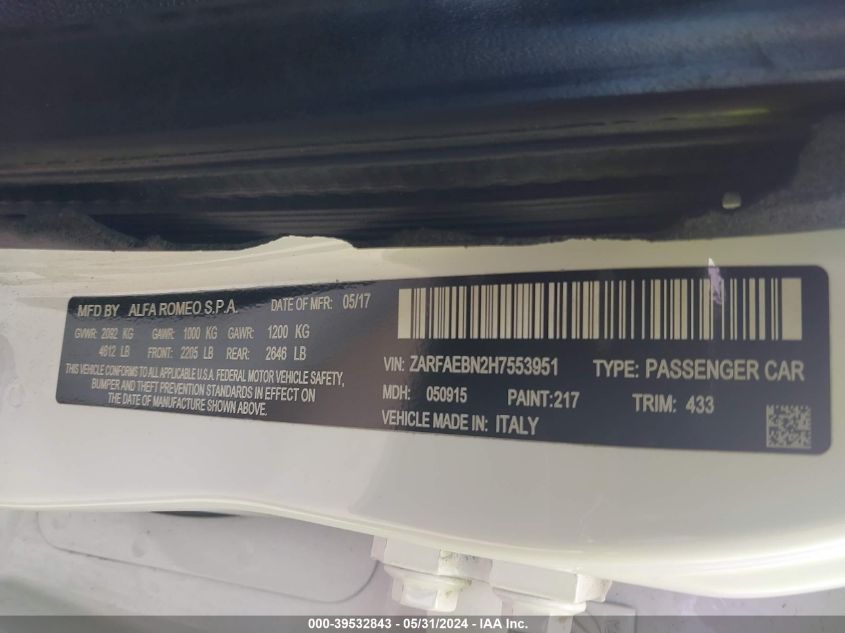 2017 Alfa Romeo Giulia Rwd VIN: ZARFAEBN2H7553951 Lot: 39532843