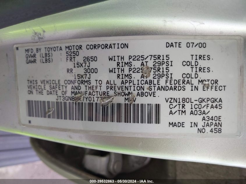 2000 Toyota 4Runner Sr5 V6 VIN: JT3GN86R7Y0177990 Lot: 39532863