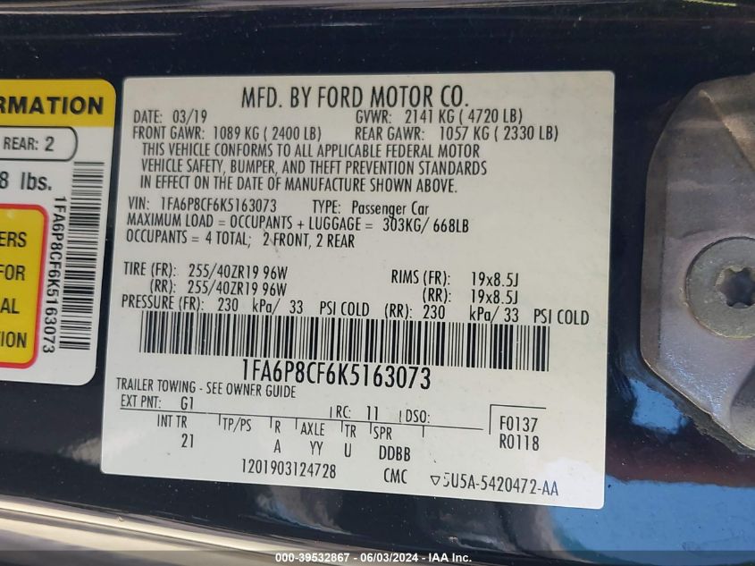 2019 Ford Mustang Gt VIN: 1FA6P8CF6K5163073 Lot: 39532867