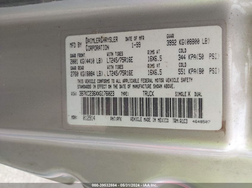 1999 Dodge Ram 2500 St VIN: 3B7KC236XXG176023 Lot: 39532884