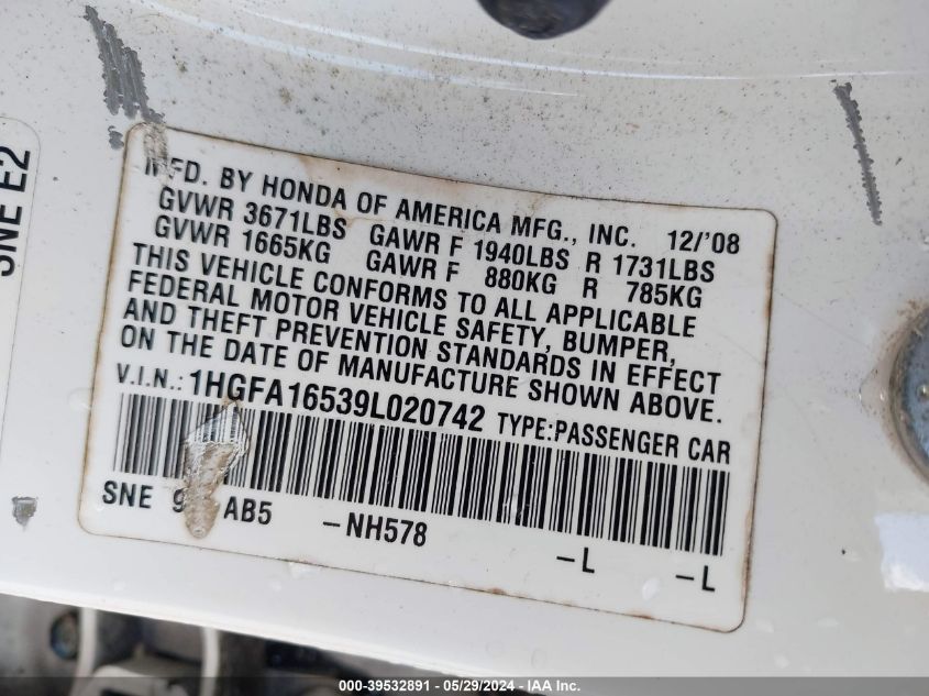 2009 Honda Civic Lx VIN: 1HGFA16539L020742 Lot: 39532891