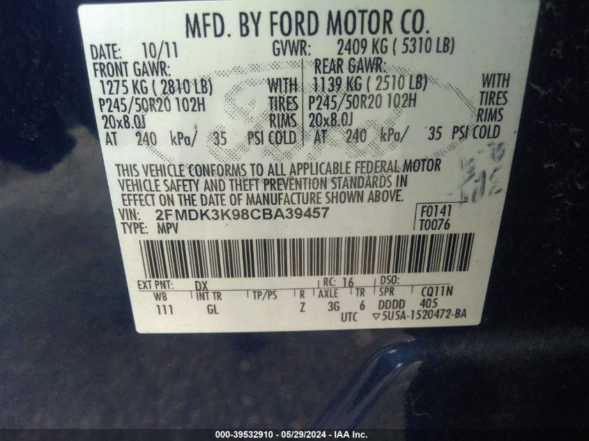 2012 Ford Edge Limited VIN: 2FMDK3K98CBA39457 Lot: 39532910