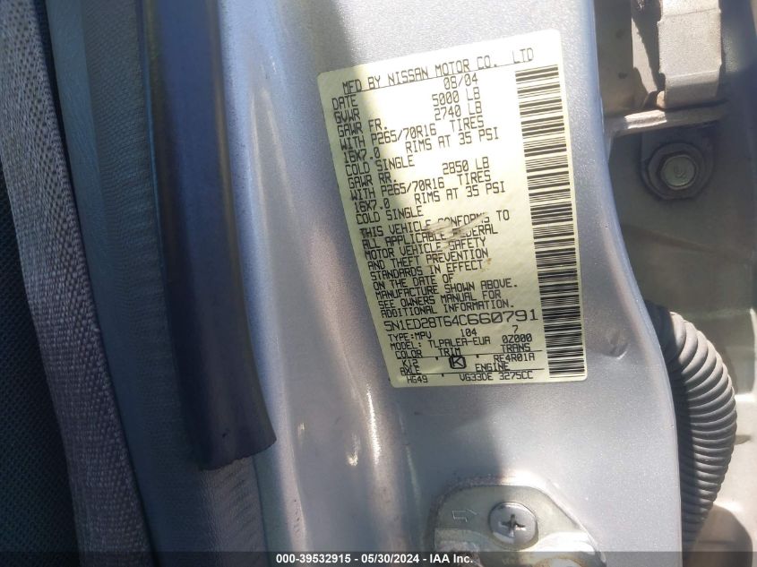 2004 Nissan Xterra Xe VIN: 5N1ED28T64C660791 Lot: 39532915