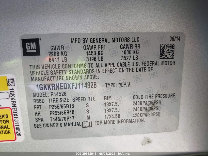 2015 GMC Acadia Sle-1 VIN: 1GKKRNEDXFJ114828 Lot: 39532916