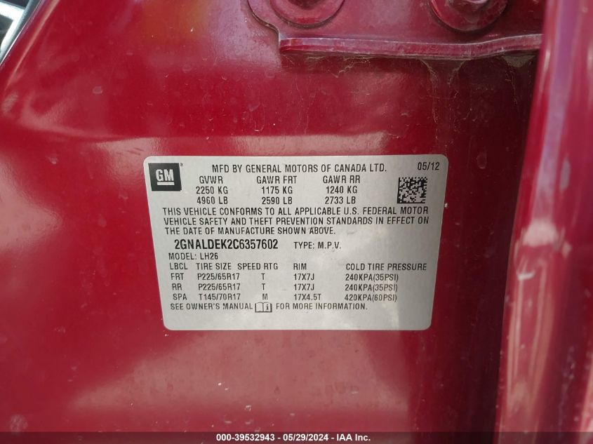 2012 Chevrolet Equinox 1Lt VIN: 2GNALDEK2C6357602 Lot: 39532943