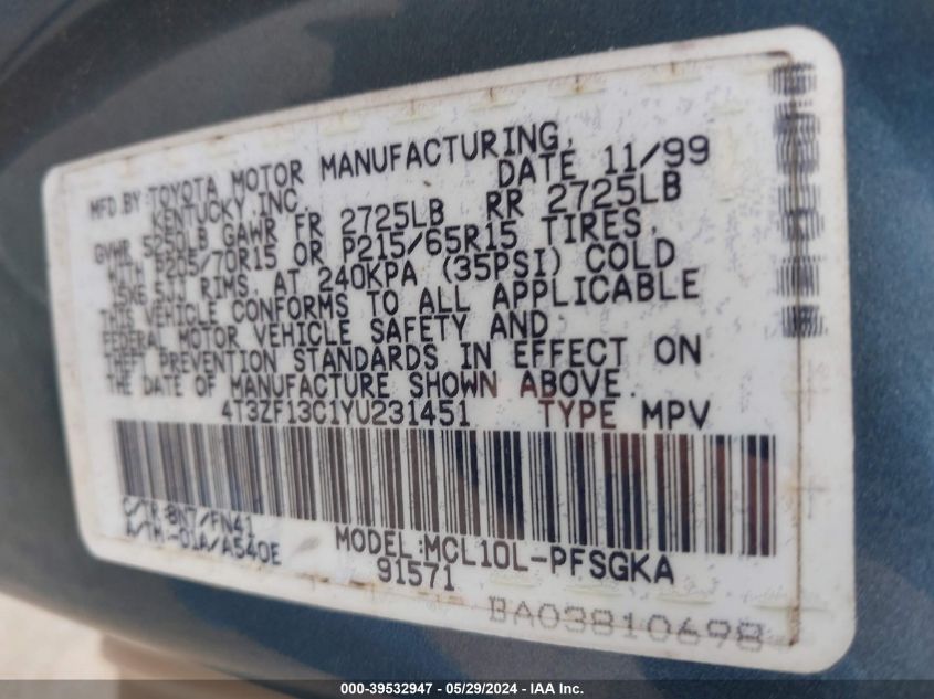 2000 Toyota Sienna Le VIN: 4T3ZF13C1YU231451 Lot: 39532947