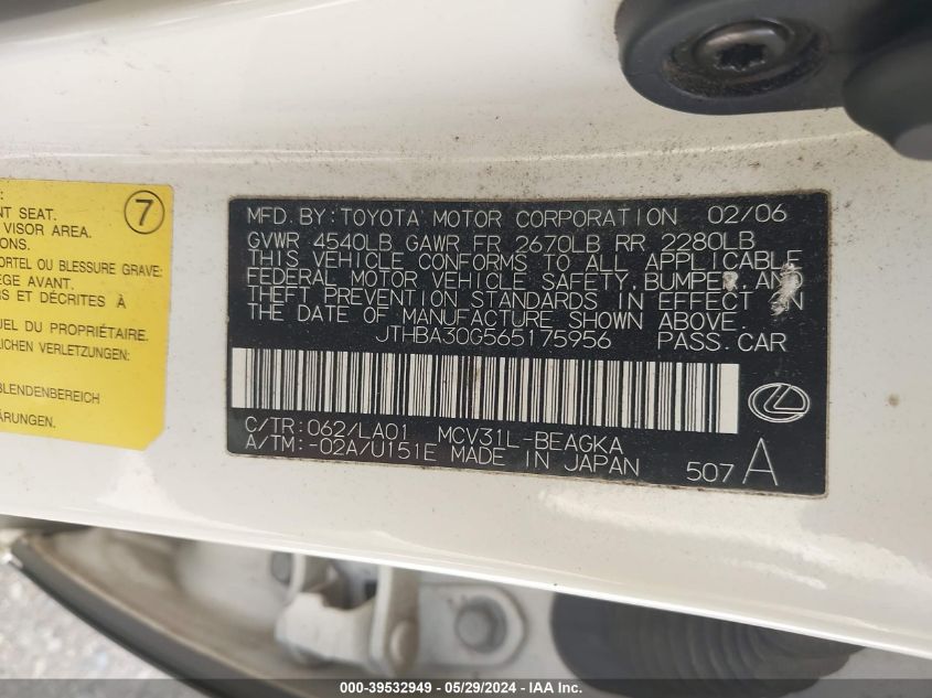 2006 Lexus Es 330 VIN: JTHBA30G565175956 Lot: 39532949