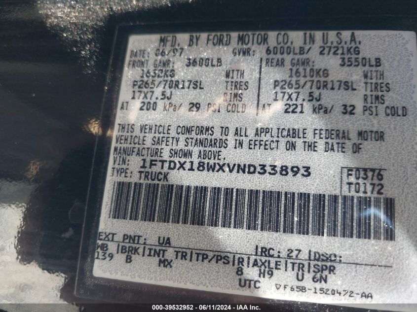 1997 Ford F-150 Lariat/Xl/Xlt VIN: 1FTDX18WXVND33893 Lot: 39532952