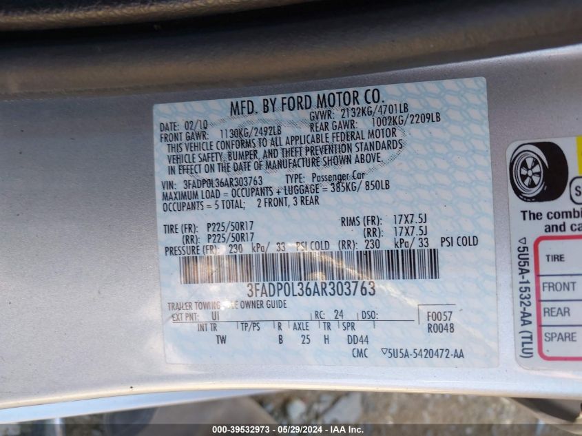 2010 Ford Fusion Hybrid VIN: 3FADP0L36AR303763 Lot: 39532973