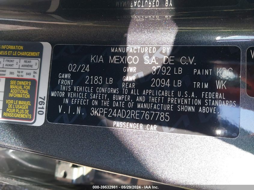 2024 Kia Forte Lxs VIN: 3KPF24AD2RE767785 Lot: 39532981