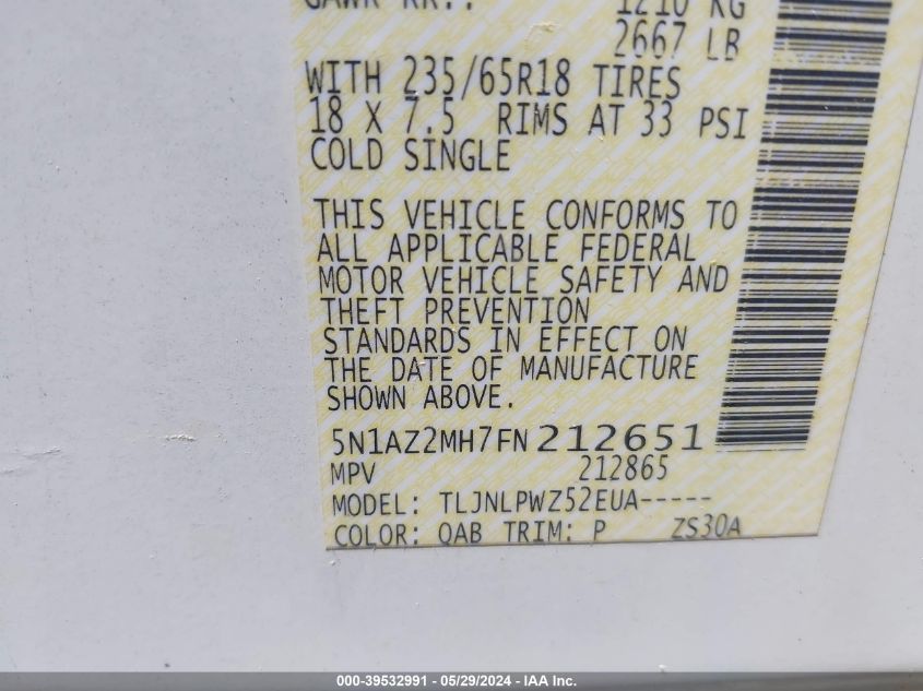 2015 Nissan Murano S VIN: 5N1AZ2MH7FN212651 Lot: 39532991