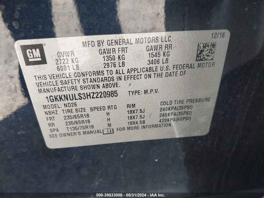 1GKKNULS3HZ220985 2017 GMC Acadia Slt-1