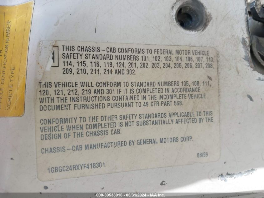 2000 Chevrolet C2500 Chassis VIN: 1GBGC24RXYF418301 Lot: 39533015