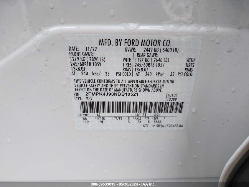 2022 Ford Edge Sel VIN: 2FMPK4J98NBB10521 Lot: 39533019