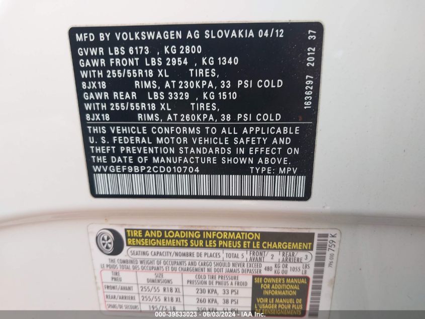 2012 Volkswagen Touareg Vr6 Sport VIN: WVGEF9BP2CD010704 Lot: 39533023