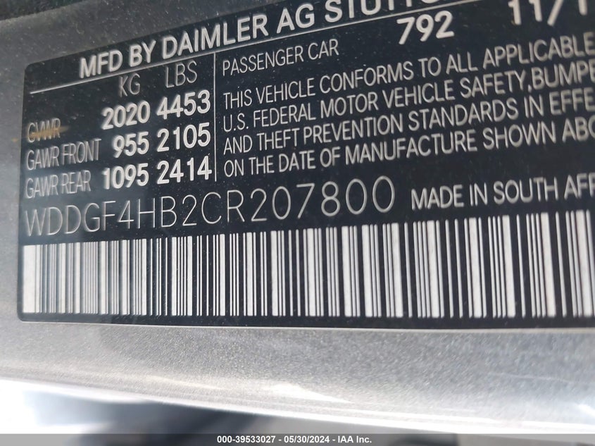 2012 Mercedes-Benz C 250 Luxury/Sport VIN: WDDGF4HB2CR207800 Lot: 39533027