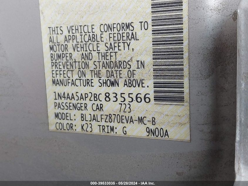 2011 Nissan Maxima 3.5 Sv VIN: 1N4AA5AP2BC835566 Lot: 39533035