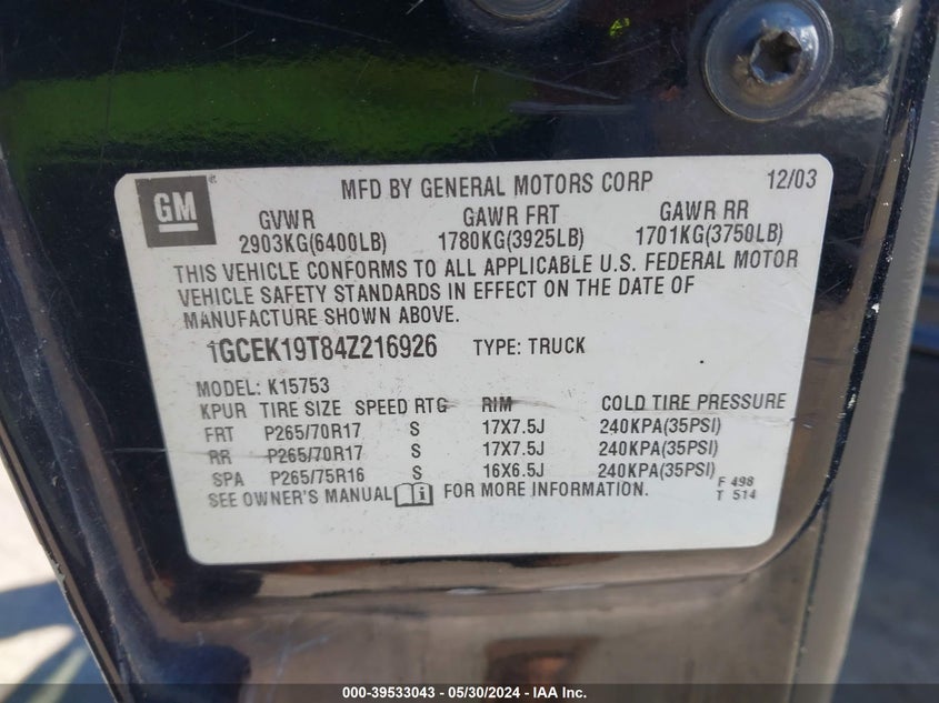 2004 Chevrolet Silverado 1500 Z71 VIN: 1GCEK19T84Z216926 Lot: 39533043