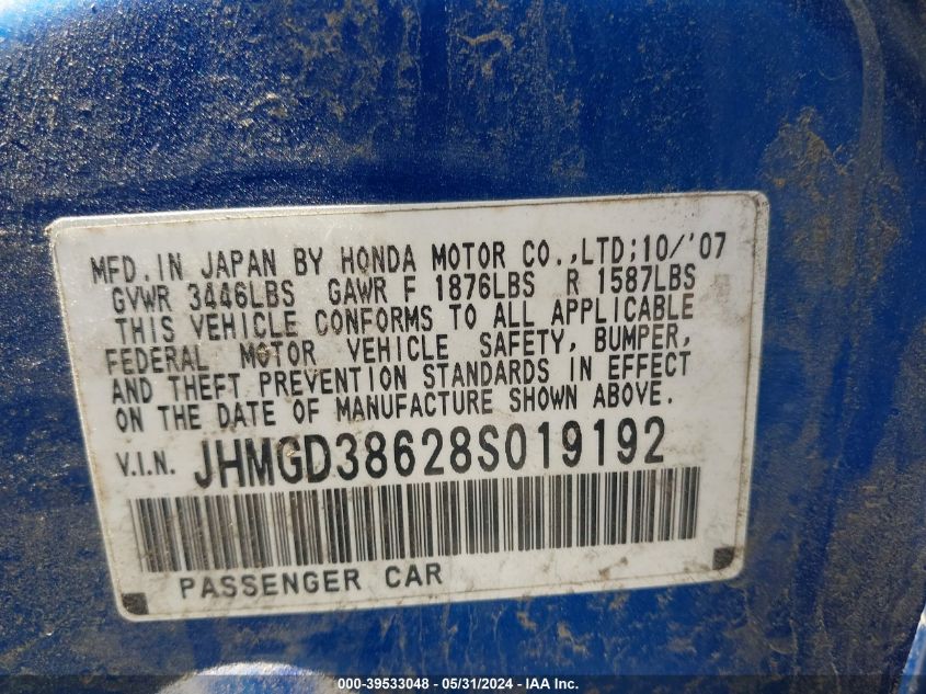 2008 Honda Fit Sport VIN: JHMGD38628S019192 Lot: 39533048
