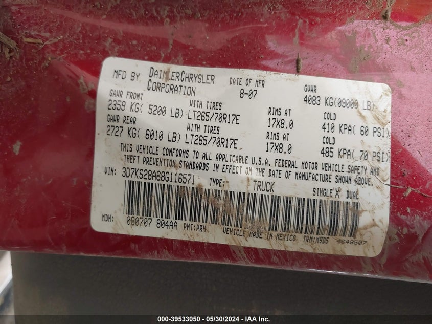 2008 Dodge Ram 2500 Slt/Power Wagon VIN: 3D7KS28A68G116571 Lot: 39533050