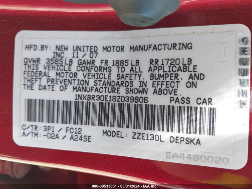 2008 Toyota Corolla S VIN: 1NXBR30E18Z039806 Lot: 39533051