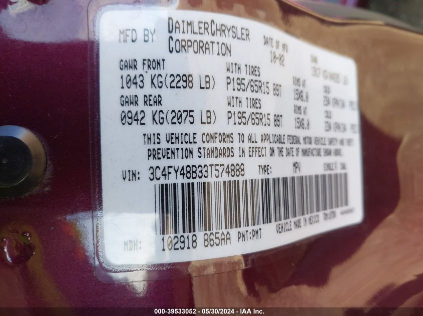 2003 Chrysler Pt Cruiser Classic VIN: 3C4FY48B33T574888 Lot: 39533052