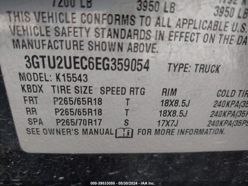 2014 GMC Sierra 1500 Sle VIN: 3GTU2UEC6EG359054 Lot: 39533055