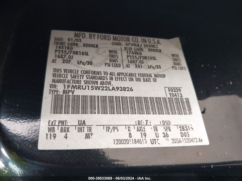 2002 Ford Expedition Xlt VIN: 1FMRU15W22LA93826 Lot: 39533069