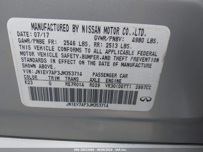 2018 Infiniti Q50 3.0T Luxe VIN: JN1EV7AP3JM353714 Lot: 39533086