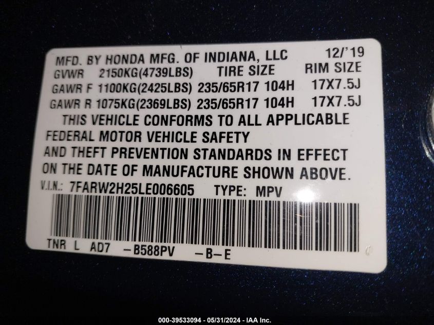 2020 Honda Cr-V Awd Lx VIN: 7FARW2H25LE006605 Lot: 39533094