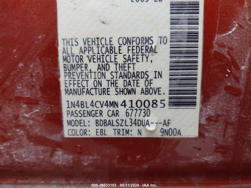 2021 Nissan Altima Sr Fwd VIN: 1N4BL4CV4MN410085 Lot: 39533103